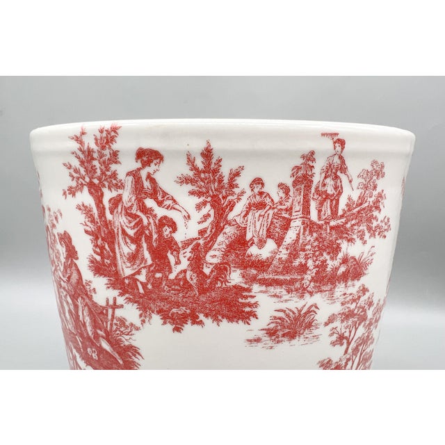 Late 20th Century Vintage Red Transfer Ware Ceramic Cachepot Planter - European Pastoral Scene, Cottagecore, Grandmillennial For Sale - Image 5 of 13