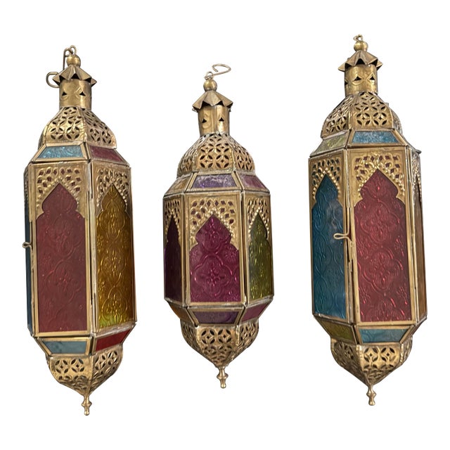 Vintage Hanging Moroccan Style Glass Lantern Tea Light Holder Lot of 3 For Sale