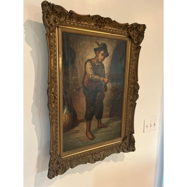 Antique European Oil Painting of Young Violinist in Ornate Carved Frame, Circa 1900 For Sale - Image 4 of 12