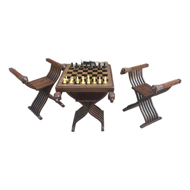 Vintage Foldable Chess Set- Chairs, Table Base, Chess Table Top, and Pieces- Set of 36 For Sale