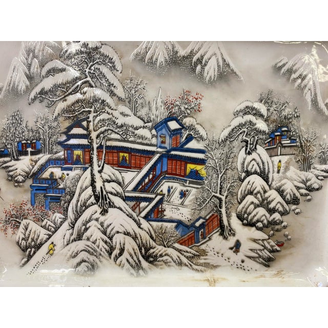 2010s Distressed Off White Porcelain Snow Trees House Rectangular Display Plate For Sale - Image 5 of 6