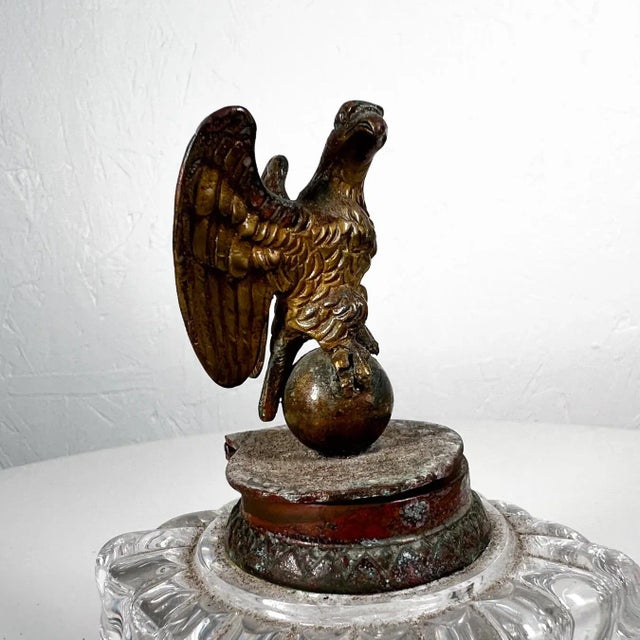 Brass Antique Vintage Cut Crystal Inkwell Brass Eagle Top For Sale - Image 8 of 10