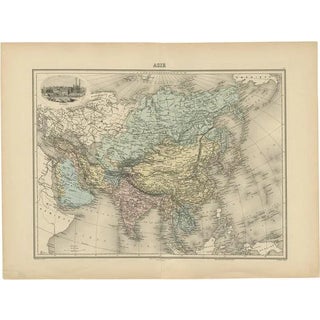 Antique Map of Asia with Vignette of Benares Varanasi and Ganges River, 1892 For Sale