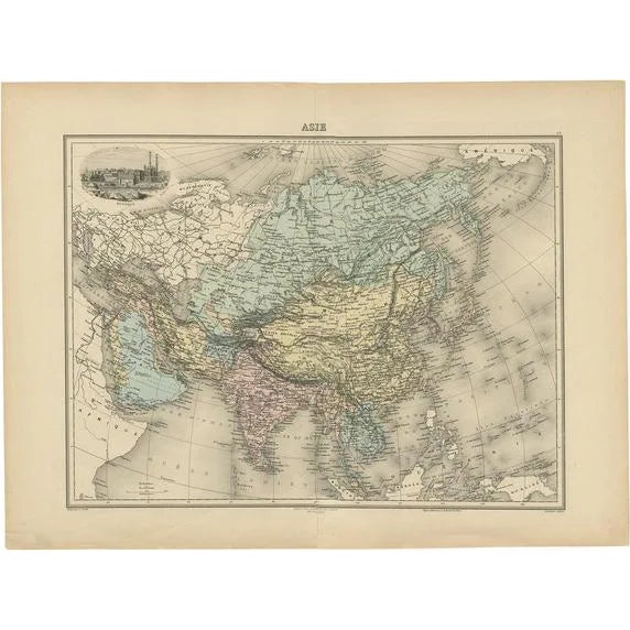 Antique Map of Asia with Vignette of Benares Varanasi and Ganges River, 1892 For Sale