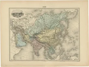 Antique Map of Asia with Vignette of Benares Varanasi and Ganges River, 1892