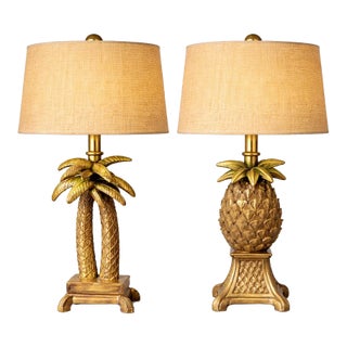 Late 20th Century Petite Tropical Palm Tree & Pineapple Table Lamps With Raffia Drum Shades – Palm Beach Coastal Regency Style, 16” H For Sale