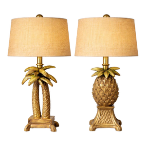 Late 20th Century Petite Tropical Palm Tree & Pineapple Table Lamps With Raffia Drum Shades – Palm Beach Coastal Regency Style, 16” H