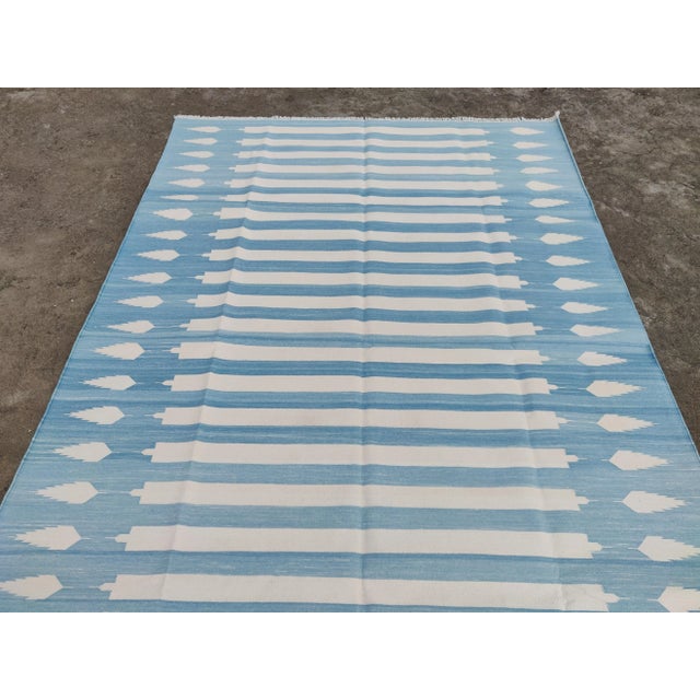 Blue Handmade Cotton Natural Vegetable Dyed Reversible Blue and White Striped Rug - 9'x12' For Sale - Image 8 of 11