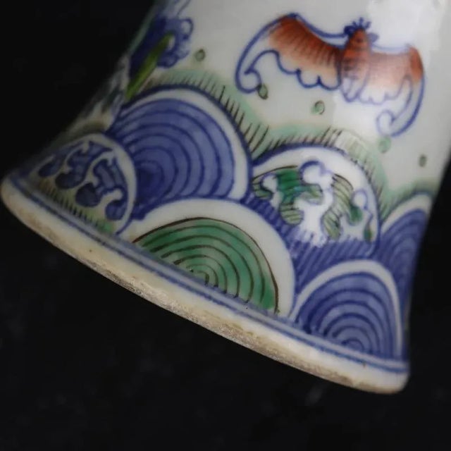 Early 20th Century Chinese Vintage Ceramic Stem Bowl,Ming Dynasty Jiajing Marked Blue and White Famille Verte Porcelain Stem Bowl Hand Painted Kylin Phoenix Pattern For Sale - Image 5 of 9