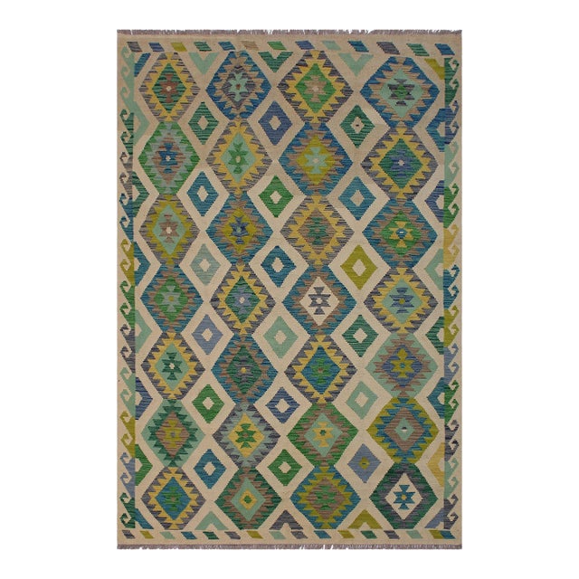 Bohemian Kilim Ivory Green Wool Rug - 5'6" X 8'1" For Sale
