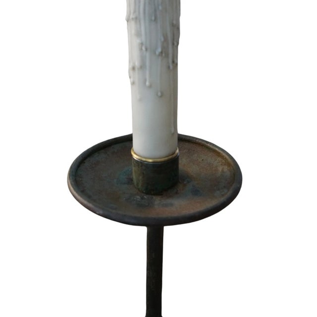 Early 19th Century Spanish Wrought Iron Floor Lamp - Gothic Torchére With Dove Gray Linen Shade For Sale - Image 10 of 12