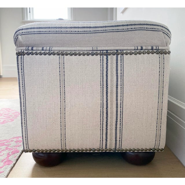 French Country Neutral Striped Linen Fabric Upholstered Bench For Sale - Image 3 of 6