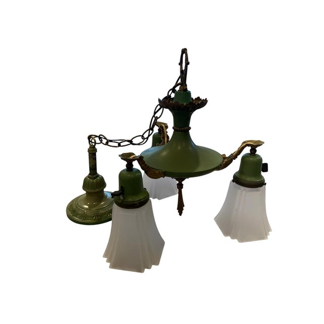 Antique Art Deco Brass Pan 3 Light Chandelier Ceiling Light 1920s Green & Gold For Sale - Image 6 of 12