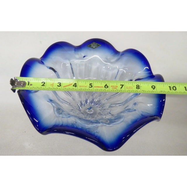 Glass Shannon Crystal Designs of Ireland Clear With Blue Ruffled Rim Bowl Poland For Sale - Image 7 of 13