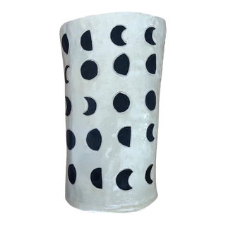 Large Moon Phase Ceramic Container in Black Sgraffito For Sale