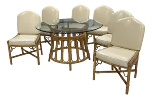 Vintage Bamboo Dining Table Set With 6 Chairs