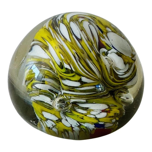 Vintage Art Glass Paper Weight in Yellow and White Swirl For Sale