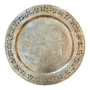 Mid 20th Century Etched Brass Round Tray With Pierced Floral Rim