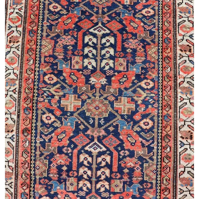 Brown Early 20th Century Antique Malayer Long Runner Rug in Blue Background, Orange and Brown For Sale - Image 8 of 11