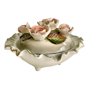 Vintage Capodimonte-Style Italian Porcelain Lidded Bowl With Pink Roses, Ruffled Edge & Feet