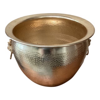 Vintage Chinese Style Hammered Metal Extra Large Two Handles Foo Dog Finish Gold Brass Color Planter For Sale
