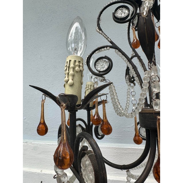 Vintage French Rococo Revival 6-Arm Wrought Iron Chandelier With Amber Glass Drops. For Sale In West Palm - Image 6 of 12