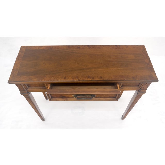 Very Fine Burl Wood Compact One Drawer Tapered Legs 36" Wide Console Table MINT For Sale - Image 13 of 17