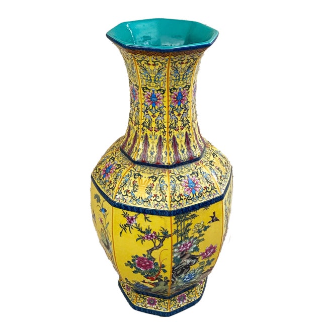 Vintage Famille Jaune Style octagonal shaped Porcelain Vase,Decorated with panels of idyllic garden inspired scenes...