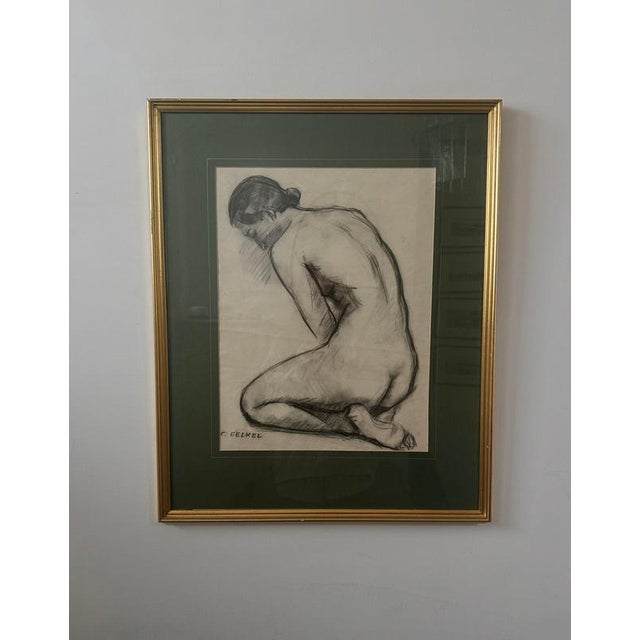 Modern Carl Felkel, Female Nude Charcoal Drawing, Chalk and Charcoal, Framed For Sale - Image 3 of 9