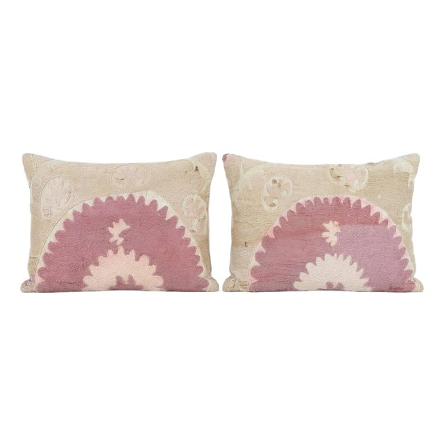 Uzbek Suzani Lumbar Pillow Cover 14'' X 22'' - Set of Two For Sale