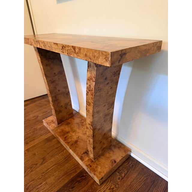 Burlwood veneer narrow console hall table 40” W x 12.5” D x 32.5” H