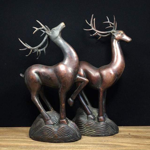 Solid Copper Pair of Lucky Wealth Deer (Zhaocai Lu) - Heavy Bronze Deer Figurines With Antlers For Sale In Los Angeles - Image 6 of 9