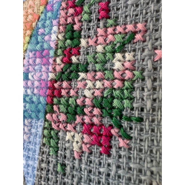 Farmhouse 1980s Framed Needlepoint Art - Amish Woman Holding Flowers Needlepoint For Sale - Image 3 of 7