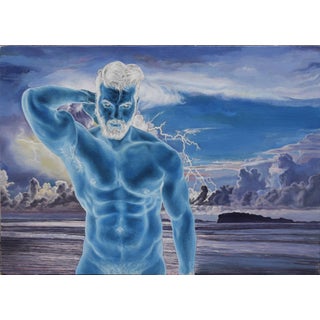 Here, There and Everywhere by John Tarantola | Oil on Panel Blue male figure against a stormy sky. For Sale