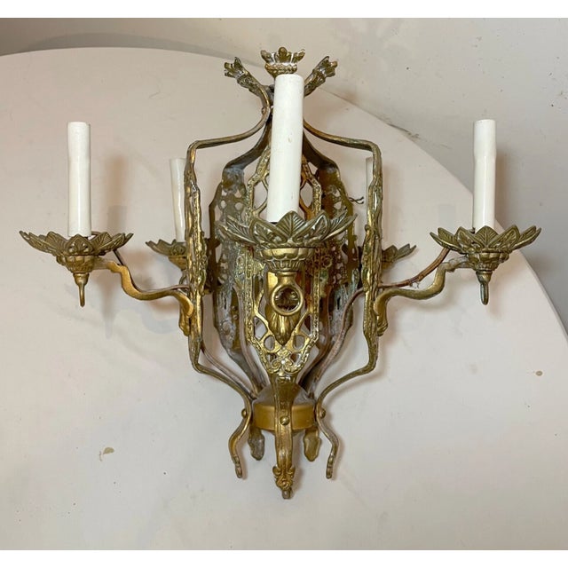 Art Deco Antique Ornate Art Deco 5 Arm Brass Alabaster Hanging Chandelier Fixture Lamp For Sale - Image 3 of 13