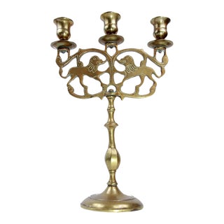 Late 19th Century Antique Brass Lions of Judea 3 Cup Sabbath Candelabra For Sale