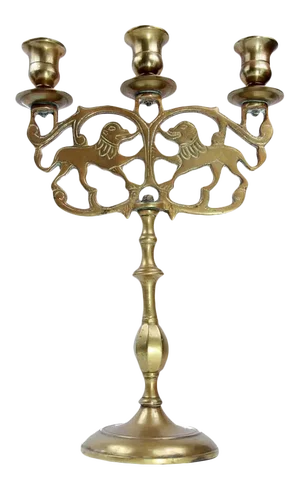Late 19th Century Antique Brass Lions of Judea 3 Cup Sabbath Candelabra