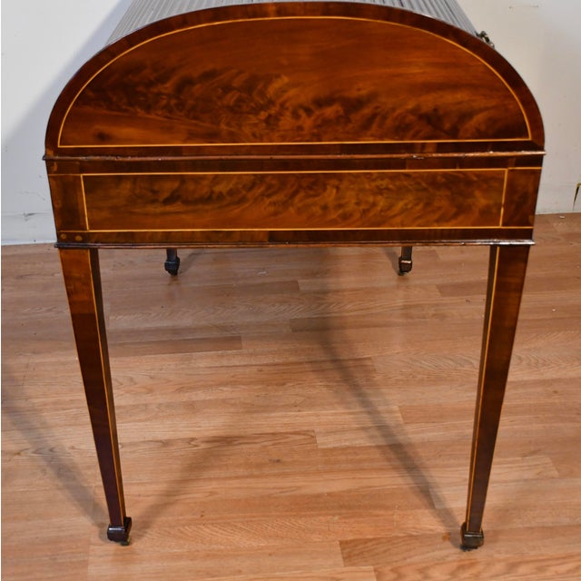 1870s Antique English Regency Mahogany Inlaid Cylinder Tambour Roll-Top Desk For Sale - Image 14 of 18