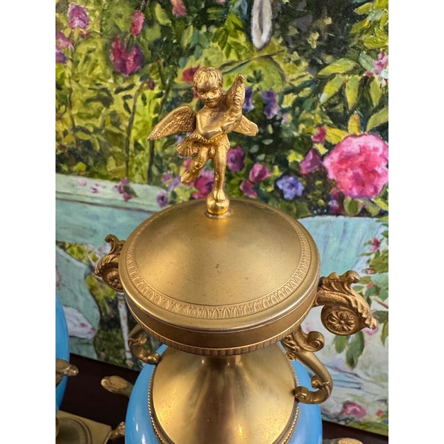 Antique French Blue Opaline Vase Urn Pair With Ormolu Mounts Cherub Finials Eagle Handles 19th Century For Sale - Image 12 of 15