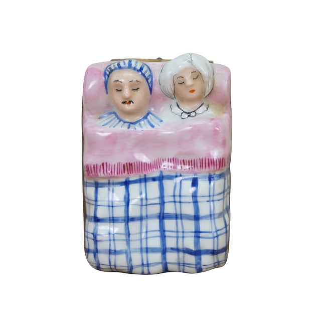 Late 20th century Parry Vieille Limoges porcelain trinket / keepsake box in the shape of a couple sleeping in bed under...