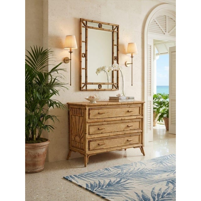 Wood Vintage Tropical Rattan & Bamboo 3-Drawer Dresser With Sunburst Motif For Sale - Image 7 of 12