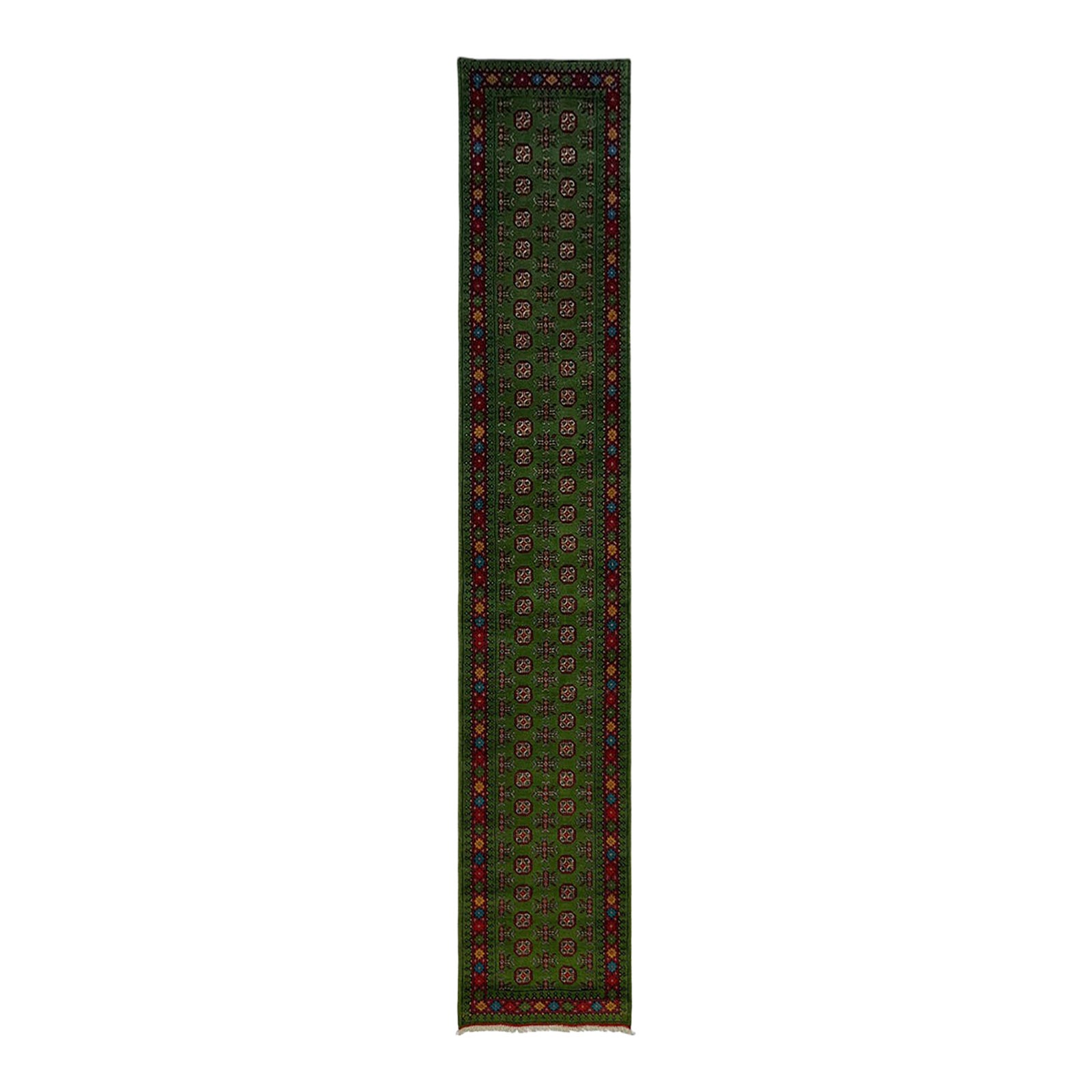 Extra-Long Green Turkmen-Style Geometric Runner Rug, 2'9