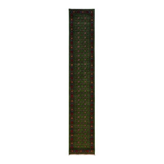 Extra-Long Green Turkmen-Style Geometric Runner Rug, 2'9" X 15'8" For Sale