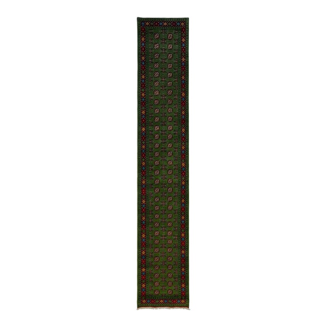 Extra-Long Green Turkmen-Style Geometric Runner Rug, 2'9" X 15'8" For Sale
