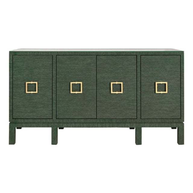 Matthew Izzo Home Effie Green Grasscloth Four Door Buffet With Glass Top and Square Brass Handles For Sale