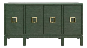 Matthew Izzo Home Effie Green Grasscloth Four Door Buffet With Glass Top and Square Brass Handles