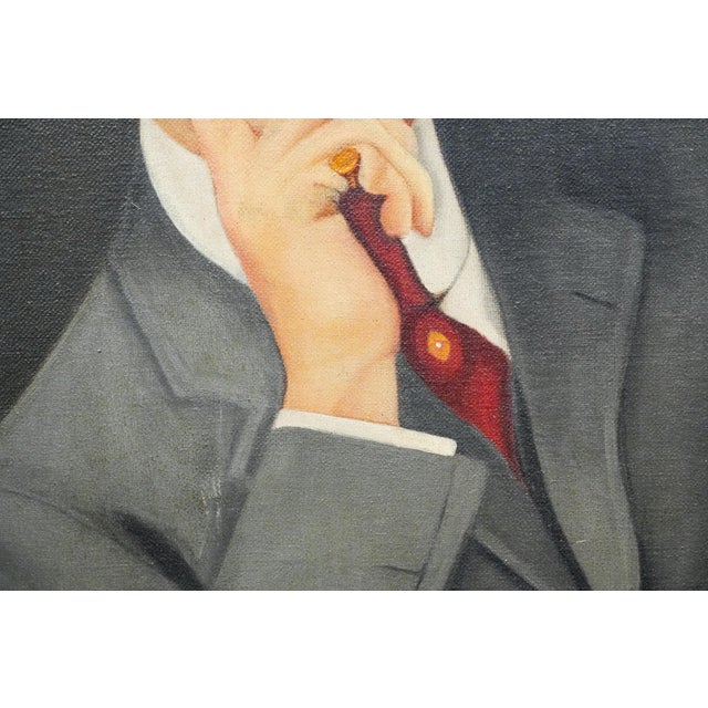 Black Huge Distinguished Antique Art Deco Oil Painting of Man in Suit Dandy Fashion Framed Portrait Home Wall Decor For Sale - Image 8 of 17