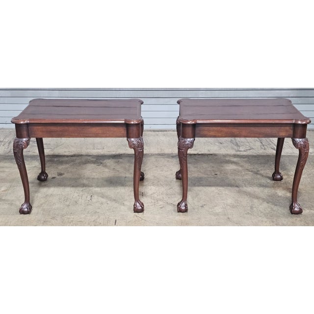Pair Henkel Harris Chippendale Style Mahogany Claw & Ball Side Tables End Table For Sale - Image 10 of 14