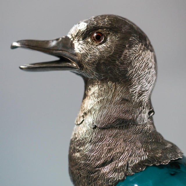 Metal 19th Century French Zoomorphic Duck Ewer in Blue Handblown Glass and Mixed Metal For Sale - Image 7 of 17