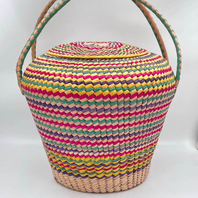 Vintage Rainbow Seagrass Woven Basket: Extra Large Storage, Snake Charmer Basket For Sale - Image 10 of 12